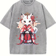 Animal Series Spring/: Cat in a Kimono Vintage Washed T-Shirt in Gray