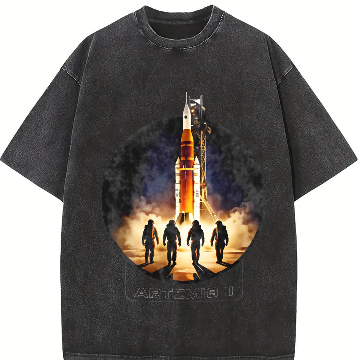 NASA Artemis II SLS Rocket Launch Astronaut Silhouette Vintage Washed T-Shirt in Black