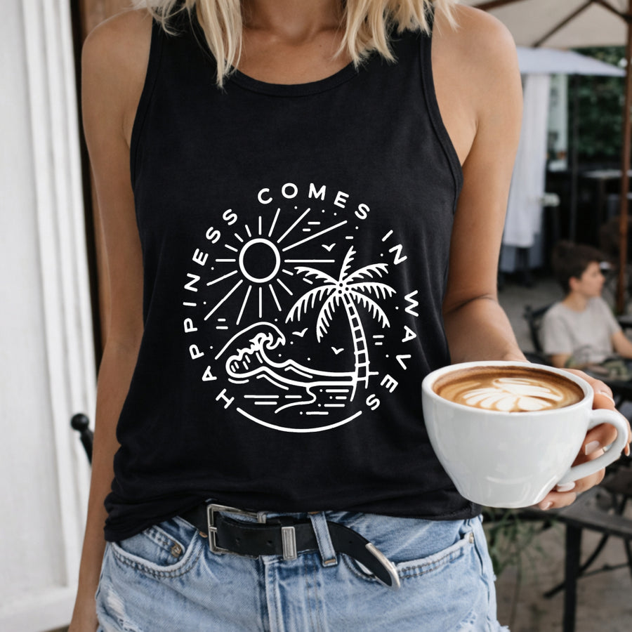 Happiness Comes in Waves Crew-neck Sleeveless Vest Outdoor Women's Color Cotton Tank Top in Black