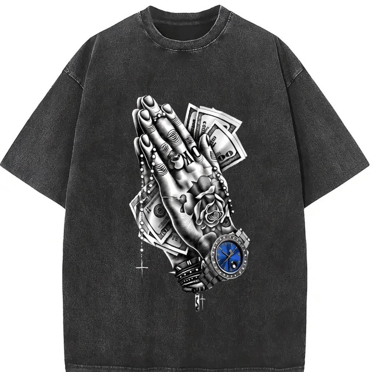 Retro Charcoal Gray Dollar Bill Vintage Washed T-Shirt in Black