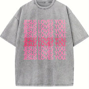 Jesus Loves You Pink Retro Christian Faith Minimalist Vintage Washed T-Shirt in Gray