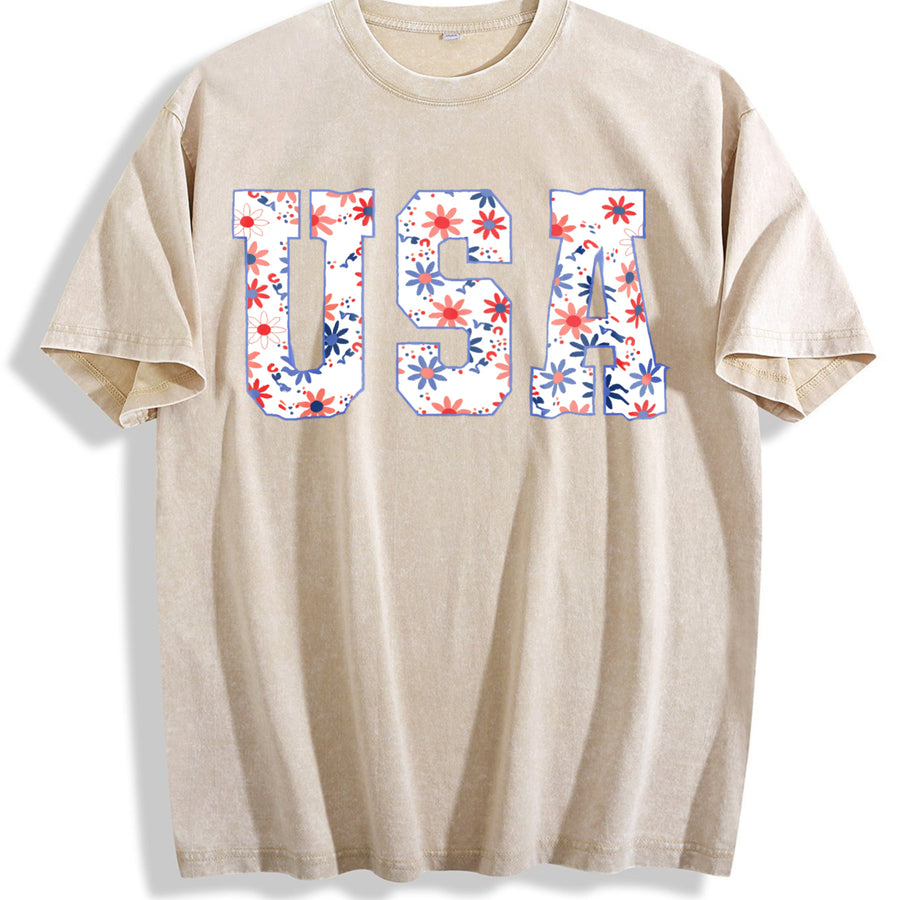 USA Floral Flowers vintage washed oversized T-shirt in Beige