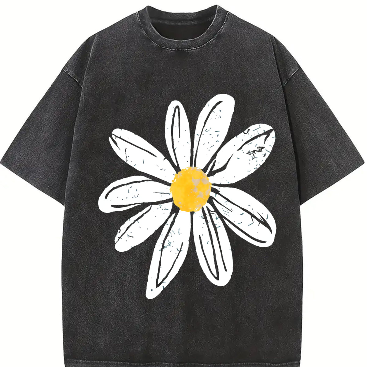 Daisy Retro Floral Cute vintage washed oversized T-shirt in Black