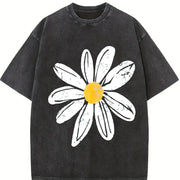Daisy Retro Floral Cute vintage washed oversized T-shirt in Black
