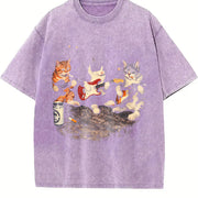 Rock Band Cats Retro Guitar Cat Vintage Washed T-Shirt in Purple