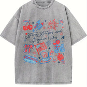 Stars Stripes and Freedom Vibes Vintage Washed T-Shirt in Gray