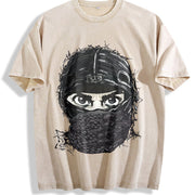 Masked Character N Letter Sleeveless Tank Vintage Washed T-Shirt in Beige