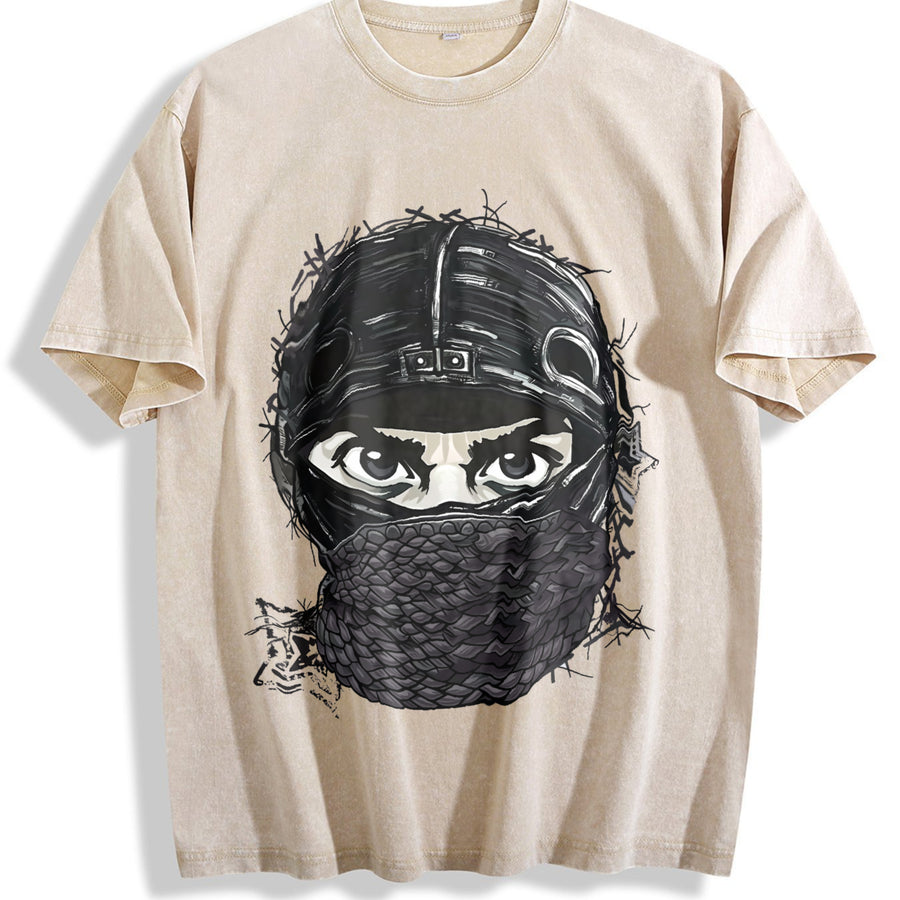 Masked Character N Letter Sleeveless Tank Vintage Washed T-Shirt in Beige