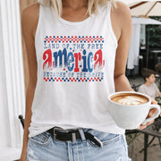 Land of the Free Because of the Brave Retro Checkered Women's Color Cotton Tank Top in White
