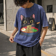 Cat Ramen Cute Vintage Washed T-Shirt in Blue