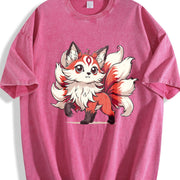 A Red and White Nine-tailed Fox Round-neck Short-sleeve Vintage Washed T-Shirt in Red