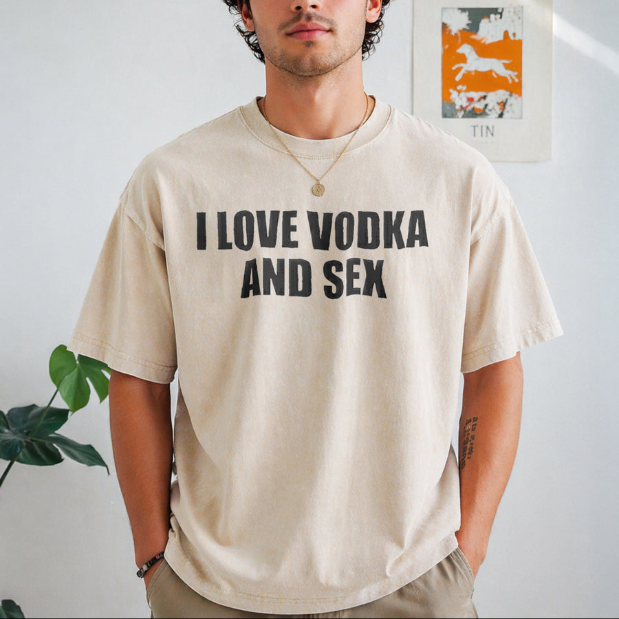 I Love Vodka and Sex Heavy Y2K Iconic Meme Club Party Bar Vintage Washed T-Shirt in Beige