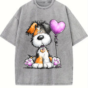 Cute Pet Animal Series Vintage Washed T-Shirt in Gray