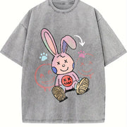 A Whimsical Cartoon Rabbit with Long Pink Ears Vintage Washed T-Shirt in Gray
