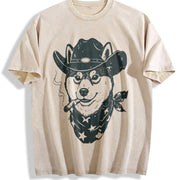 Smoking Cowboy Shiba Inu Retro Vintage Washed T-Shirt in Beige