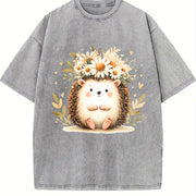 Hedgehog & Daisy Blouse with Cute Hedgehog & Floral Vintage Washed T-Shirt in Gray