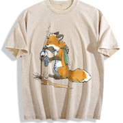 Ladies' Autumn Fuzzy Fox Mistakenly Spills Water Cartoon Vintage Washed T-Shirt in Beige