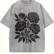 Linocut Flower ® Retro Block Peonies Vintage Washed T-Shirt in Gray