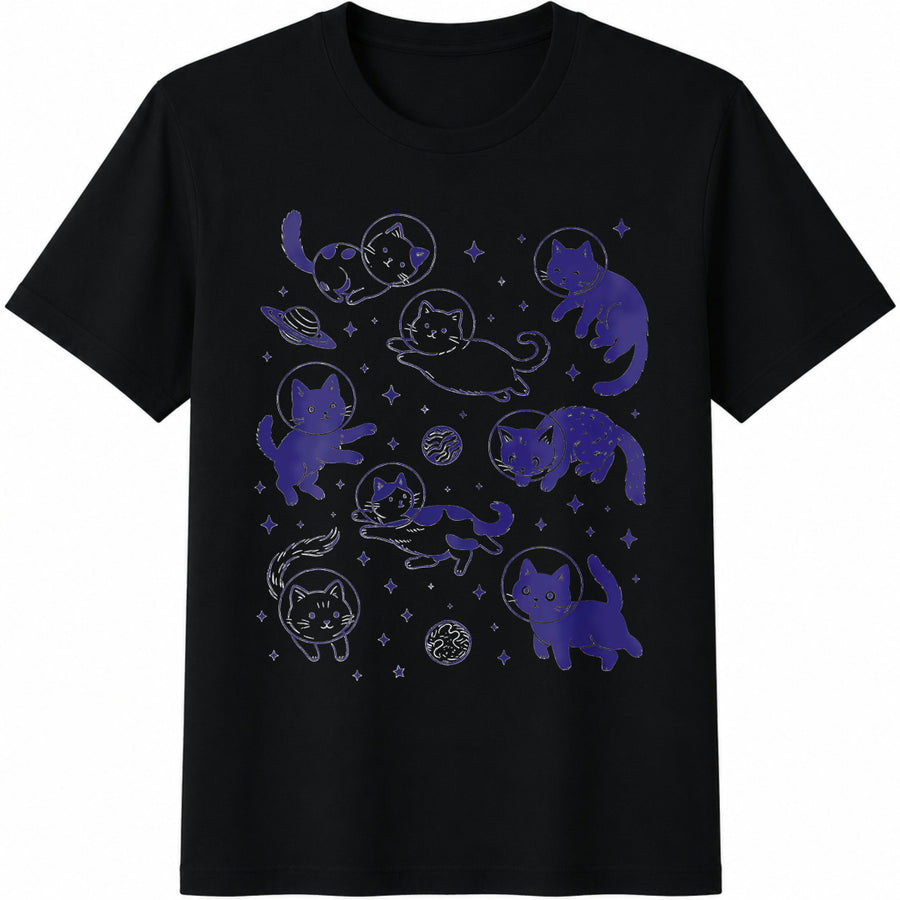 Space Cat Kitty Weirdcore Silly Retro Cat Lover Kitten Cotton T-Shirt in Black