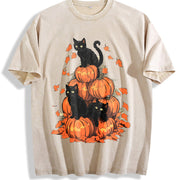 Halloween Holiday Costume Pumpkin Tower with Cat One-piece Vintage Washed T-Shirt in Beige