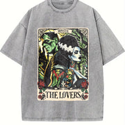 The Monster Frankenstein And Bride The Lovers Tarot Card vintage washed oversized T-shirt in Gray