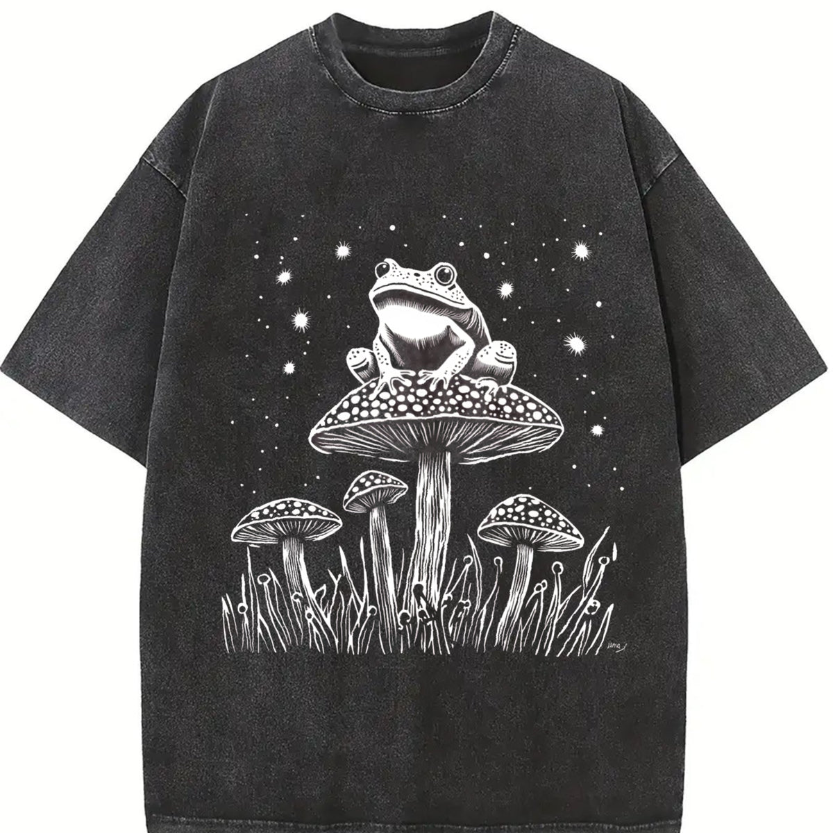 Retro Frog on the Mushroom 90s Vintage Washed T-Shirt in Black