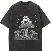 Retro Frog on the Mushroom 90s Vintage Washed T-Shirt in Black