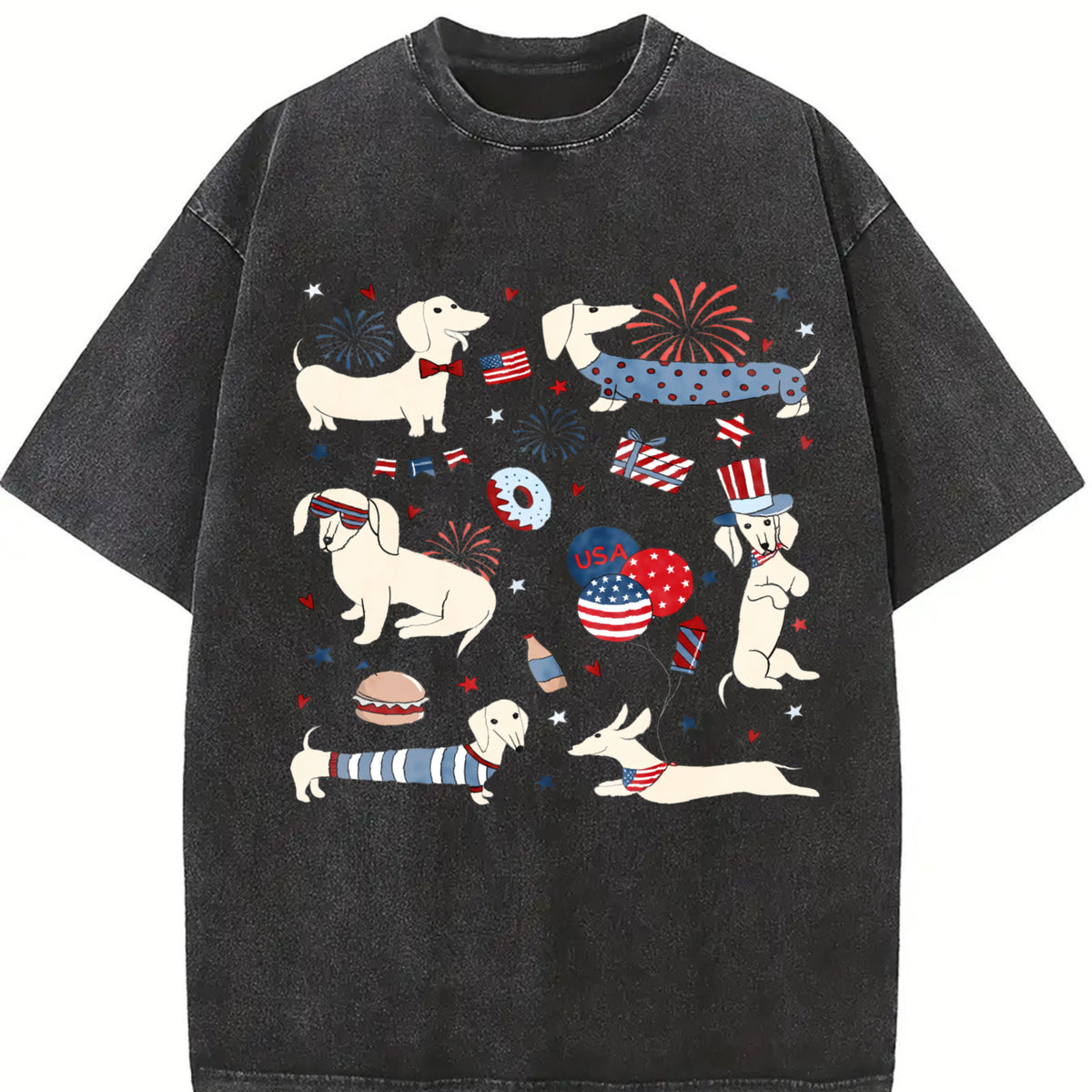 4th of July Dachshund Doodle Vintage Washed T-Shirt in Black
