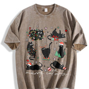 Merry Catmas Christmas Cat Vintage Washed T-Shirt in Brown