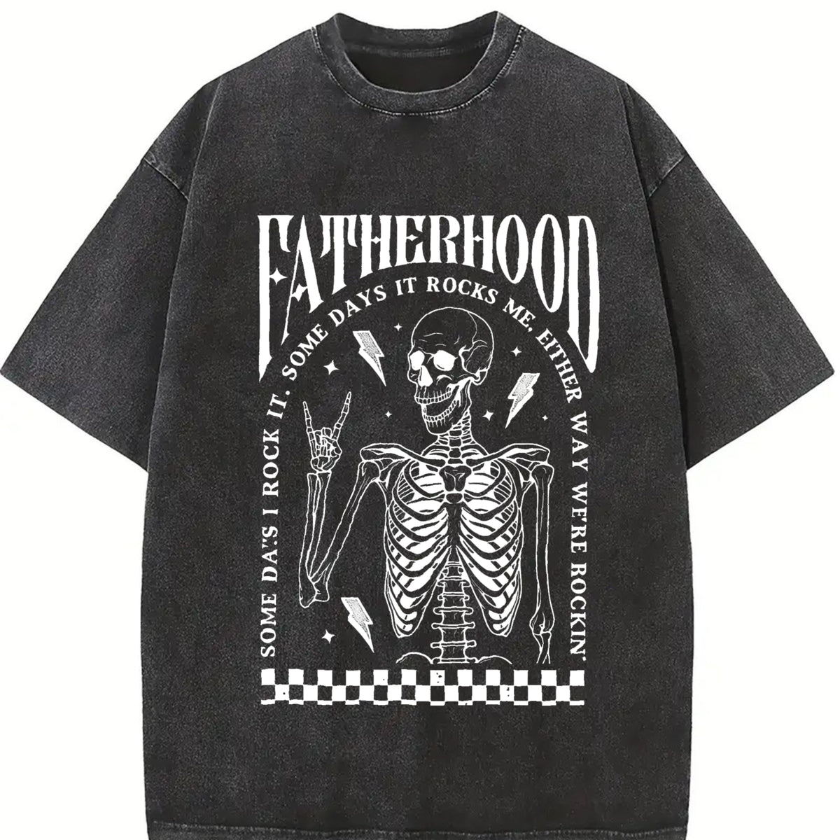 Fatherhood Dad Skeleton Dad First Time Dad Retro Fathers Vintage Washed T-Shirt in Black