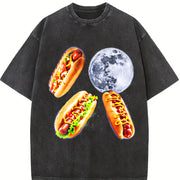 Hot Dog Moon 90s Retro Food Moon Vintage Washed T-Shirt in Black