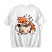 Winter: Little Fox Curled Up in a Floral Teacup Cotton T-Shirt in White