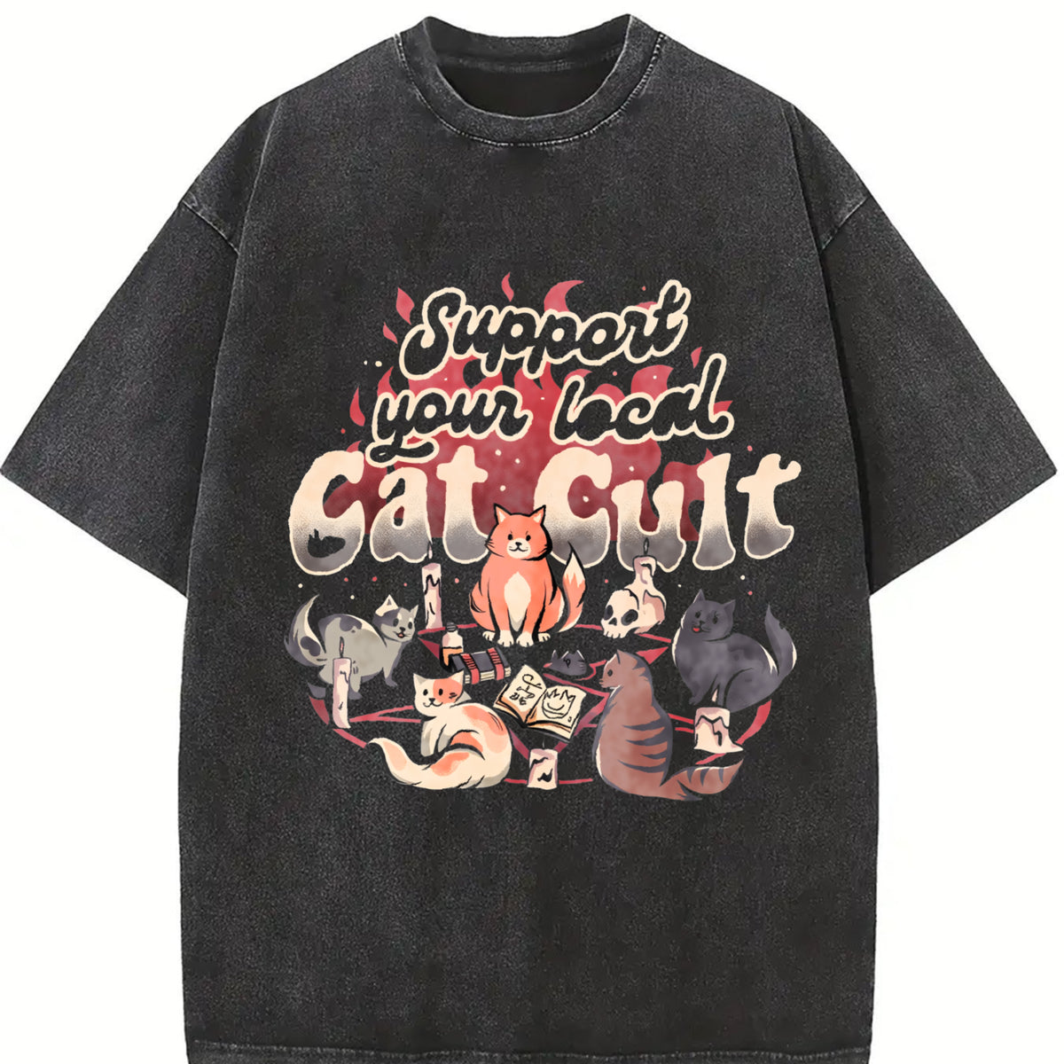 Support Your Local Cat Cult Vintage Washed T-Shirt in Black