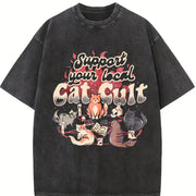 Support Your Local Cat Cult Vintage Washed T-Shirt in Black