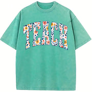 Floral Teach Teacher Vintage Washed T-Shirt in Blue