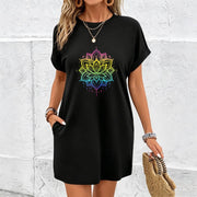 Bohemian Mandala Floral Sleeveless Tank Dress with Pockets Cotton T-Shirt in Black