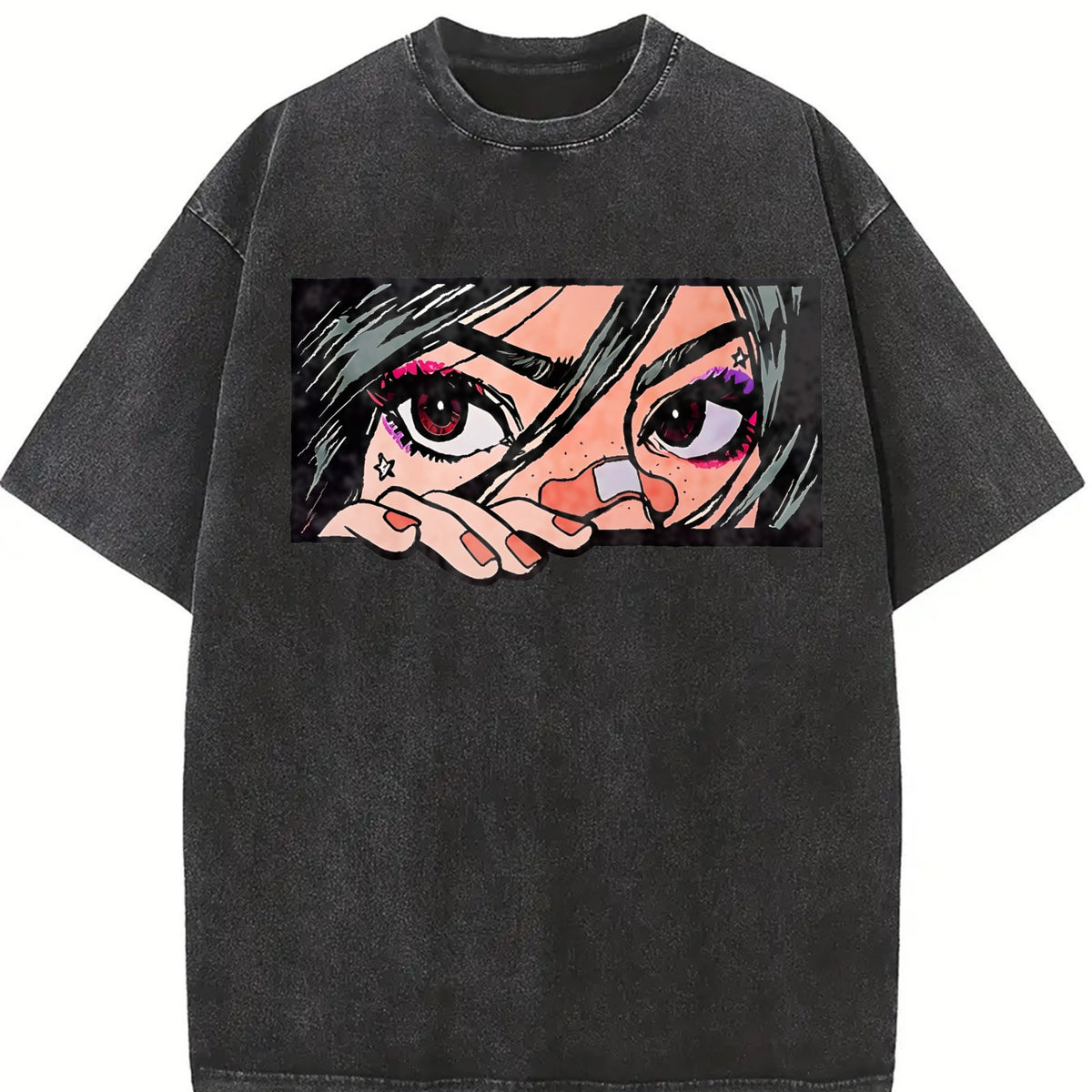 Anime Girl Peeking Eyes Sleeveless Vest Y2K Sleeveless Vintage Washed T-Shirt in Black