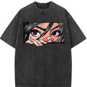 Anime Girl Peeking Eyes Sleeveless Vest Y2K Sleeveless Vintage Washed T-Shirt in Black