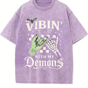 Vibin' with My Demons Skeleton vintage washed oversized T-shirt in Purple
