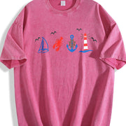 Coastal Nautical Embroidered Vintage Washed T-Shirt in Red