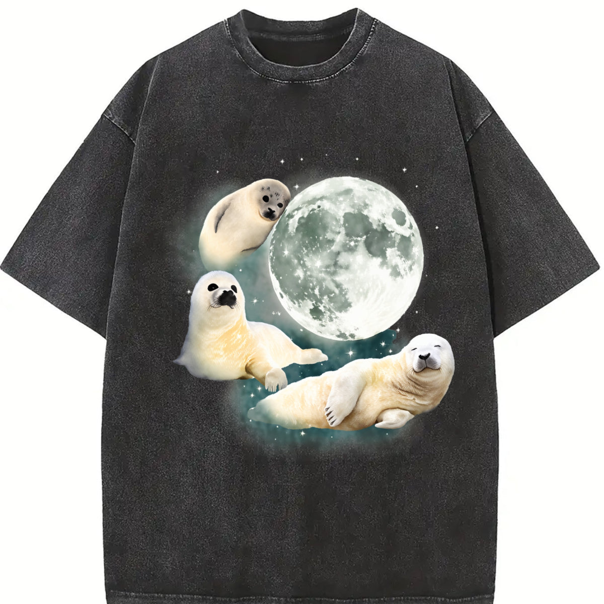Three Baby Seal Retro Sea Dog Moon Vintage Washed T-Shirt in Black