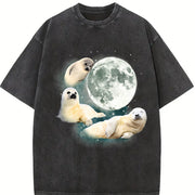 Three Baby Seal Retro Sea Dog Moon Vintage Washed T-Shirt in Black