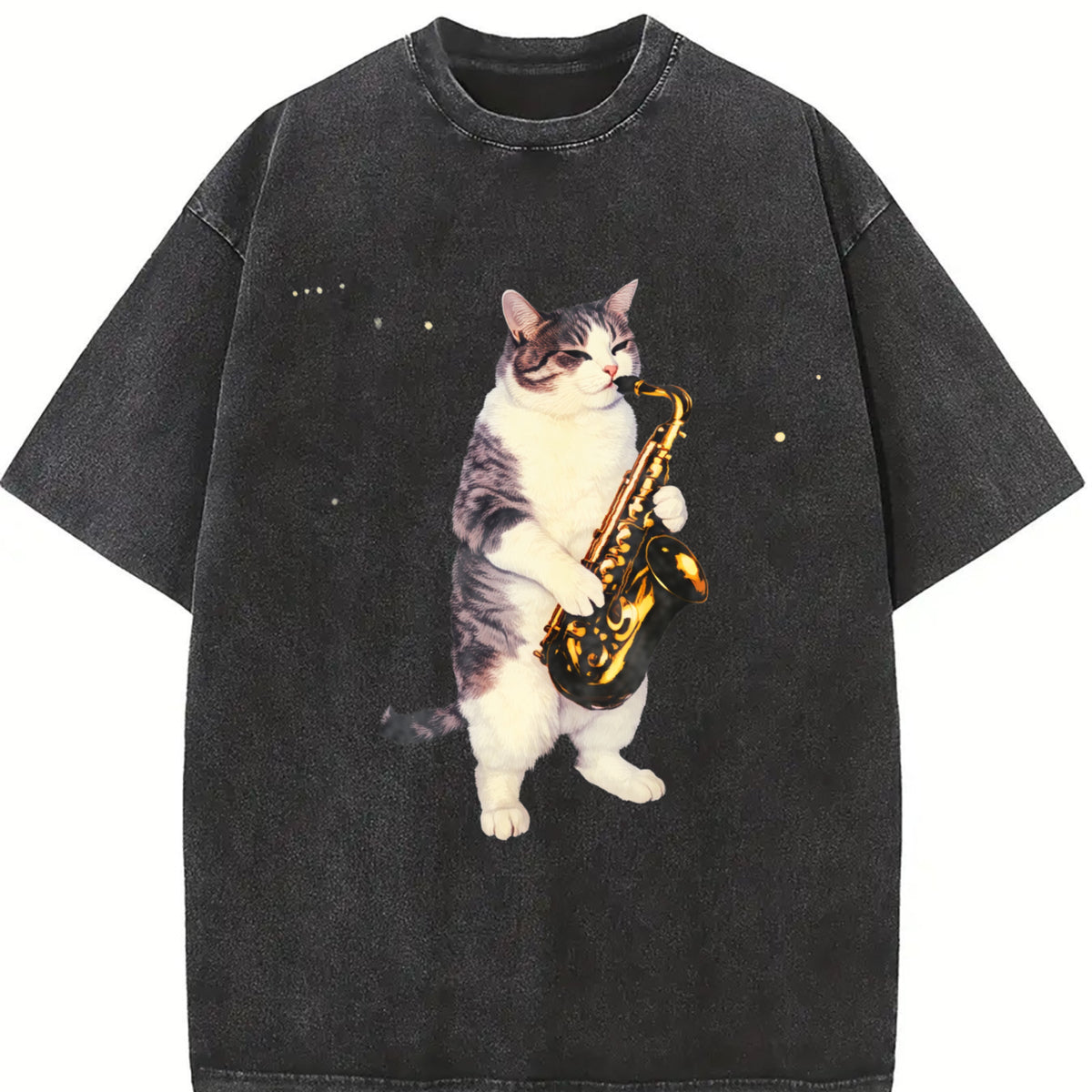 Saxophone Cat Retro Jazz Music Cats Vintage Washed T-Shirt in Black