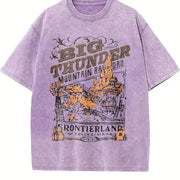European and American Letter Vintage Washed T-Shirt in Purple