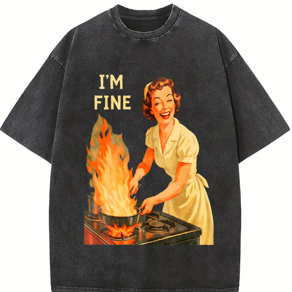 I’m Fine Retro Housewife Vintage Washed T-Shirt in Black