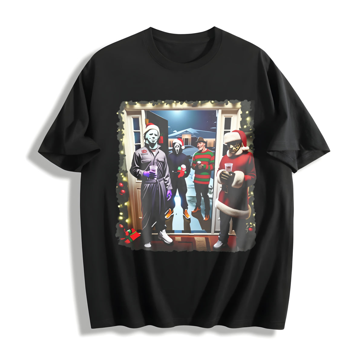 Retro Christmas Horror Movies Cotton T-Shirt in Black