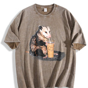 Opossum Drinking Iced Coffee Vintage Washed T-Shirt in Brown