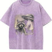 Raccoon Ufo Selfie 90s Vintage Washed T-Shirt in Purple