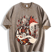 Folk Art Bohemian Fox and Tree Vintage Washed T-Shirt in Brown