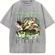 Master Baiter Bass Fishing Fisher Papa Dad Happy Fathers Vintage Washed T-Shirt in Gray